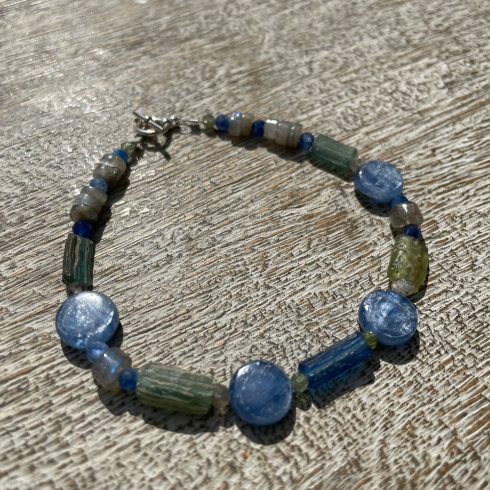 Ancient Roman glass & Kyanite natural gemstone bracelet. S.S.